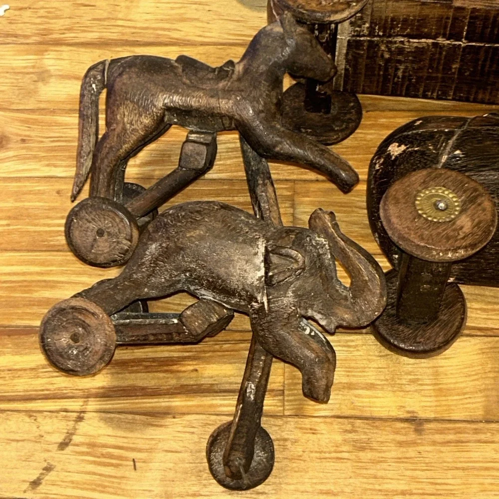 Folk Art Carved Wooden Horses on Wheels Locking Storage Compartments Vintage